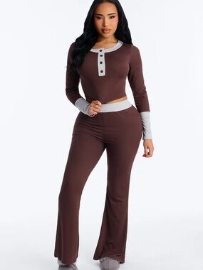 Fashion Nova Brown Ribbed Henley Crop Top & Flare Pants with Light Gray Trim